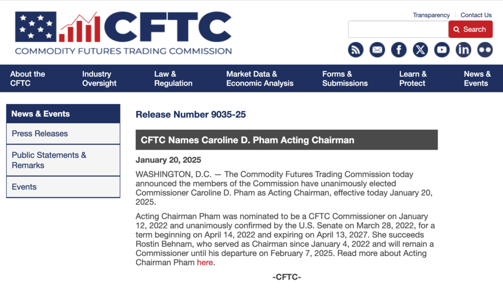 Caroline Pham Named Acting CFTC Chair After Rostin Benham Exit